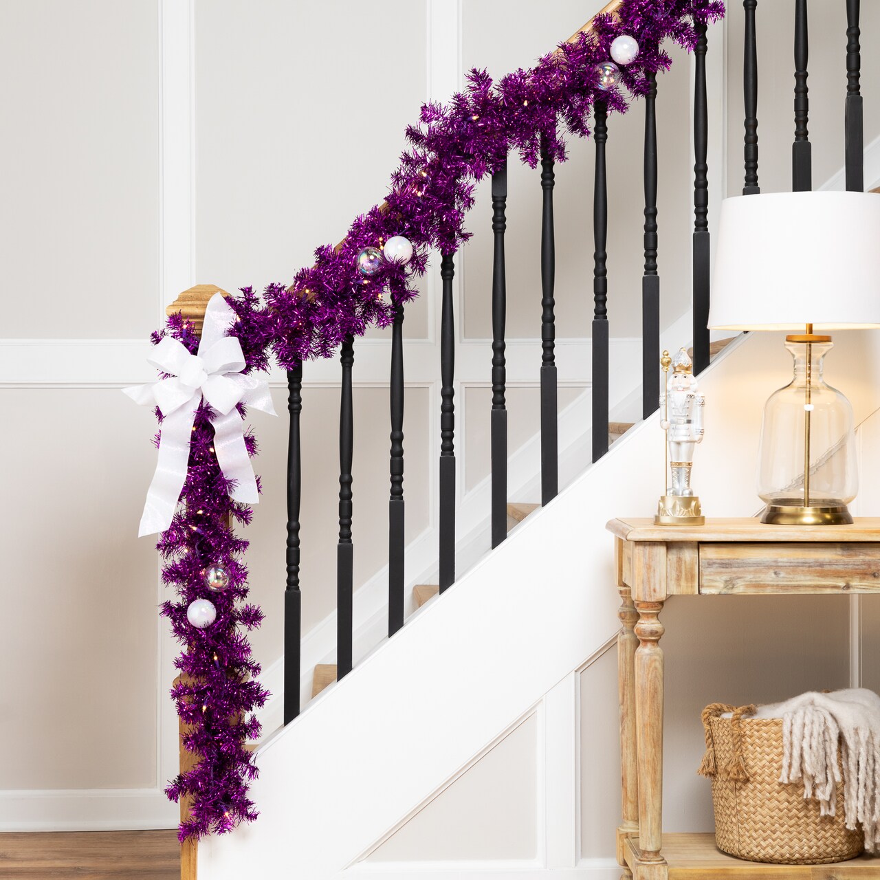 Northlight Pre-Lit Artificial Tinsel Christmas Garland - 9' x 8" - Purple - Clear Lights